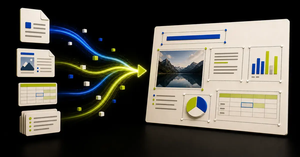 Documents, charts, notes, and images flowing into an editable AI presentation