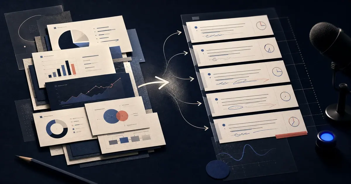 A PowerPoint deck beside a structured slide-by-slide presentation script with timing and transition notes