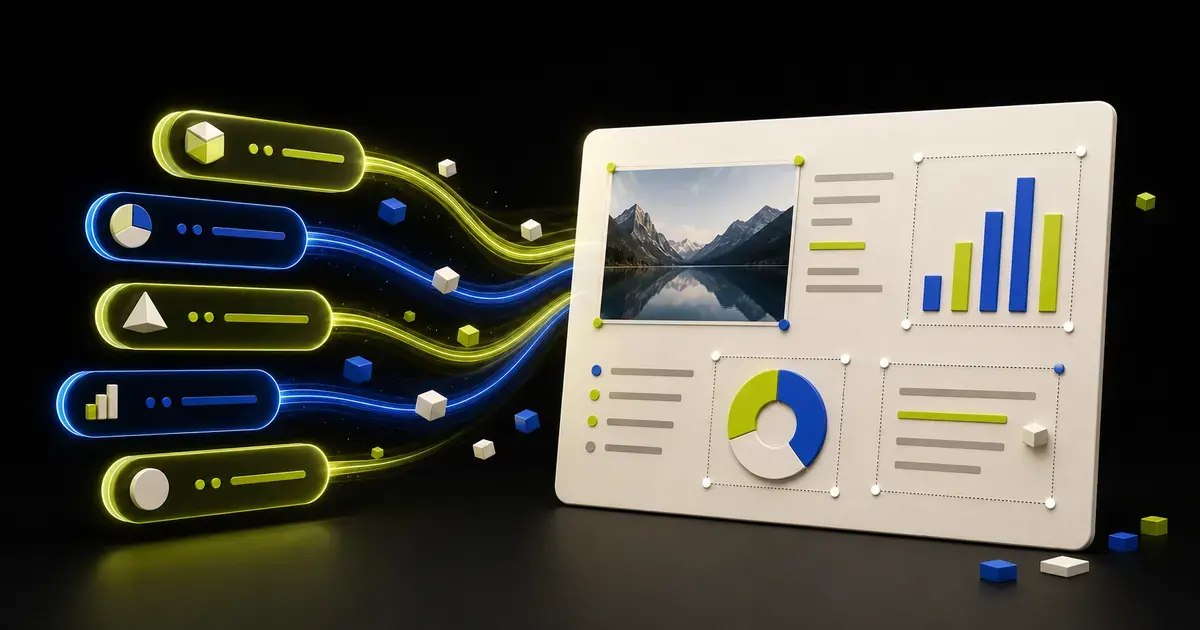 A collection of structured AI prompts beside documents and an editable presentation