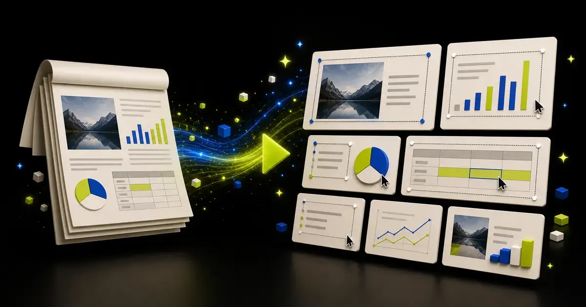 A PDF report being transformed into a structured editable PowerPoint presentation