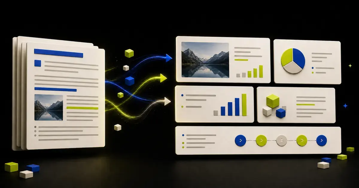 A structured Word document becoming an editable PowerPoint outline and slide deck