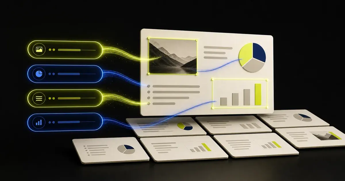 A library of structured AI prompts beside an editable PowerPoint deck