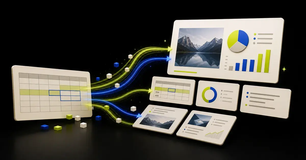 Spreadsheet rows and charts becoming a clear editable PowerPoint data presentation