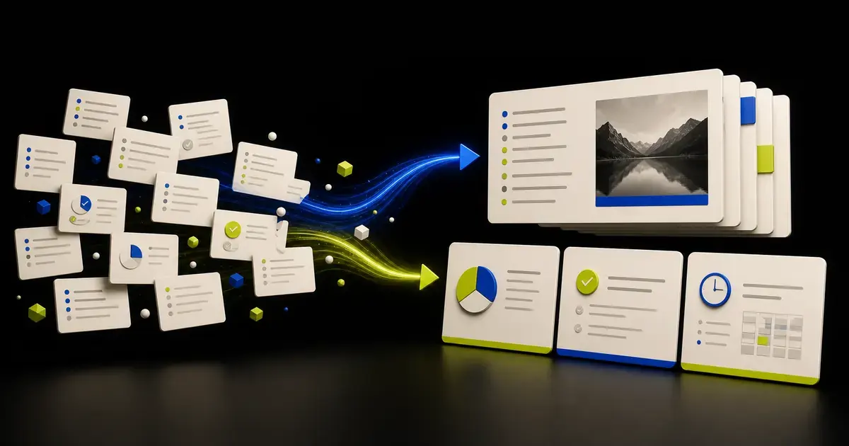 Meeting notes organized into decisions, evidence, and an editable presentation outline